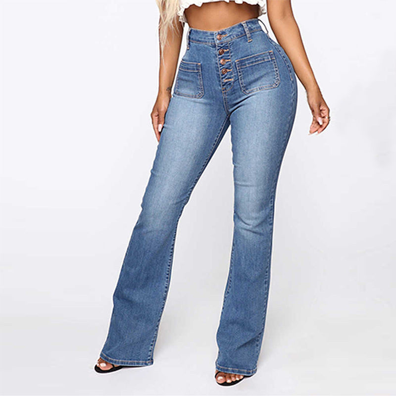 Plus Size Patch Pocket Washed High Waist Denim Jeans