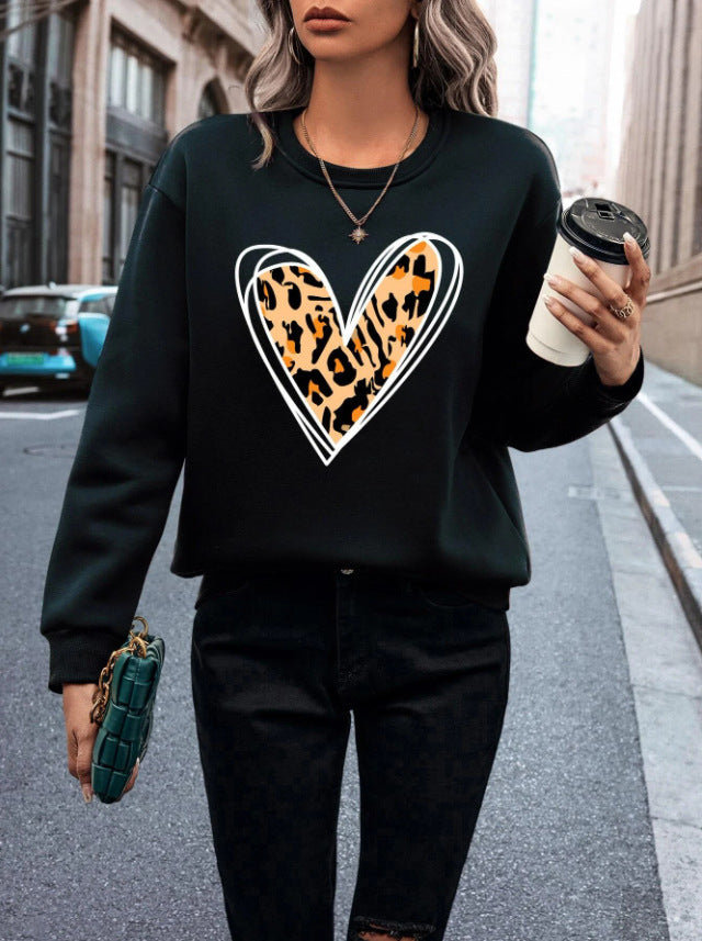 Solid Color Heart Leopard Sweater