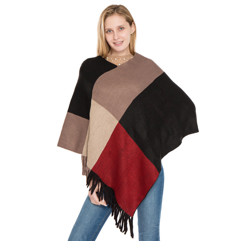 Large Plaid Color Matching Knitted Warm Shawl