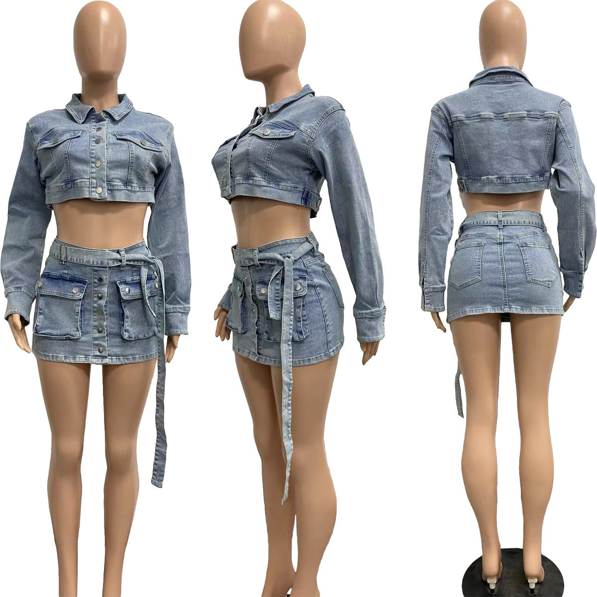Multi-pocket Denim Coat Set