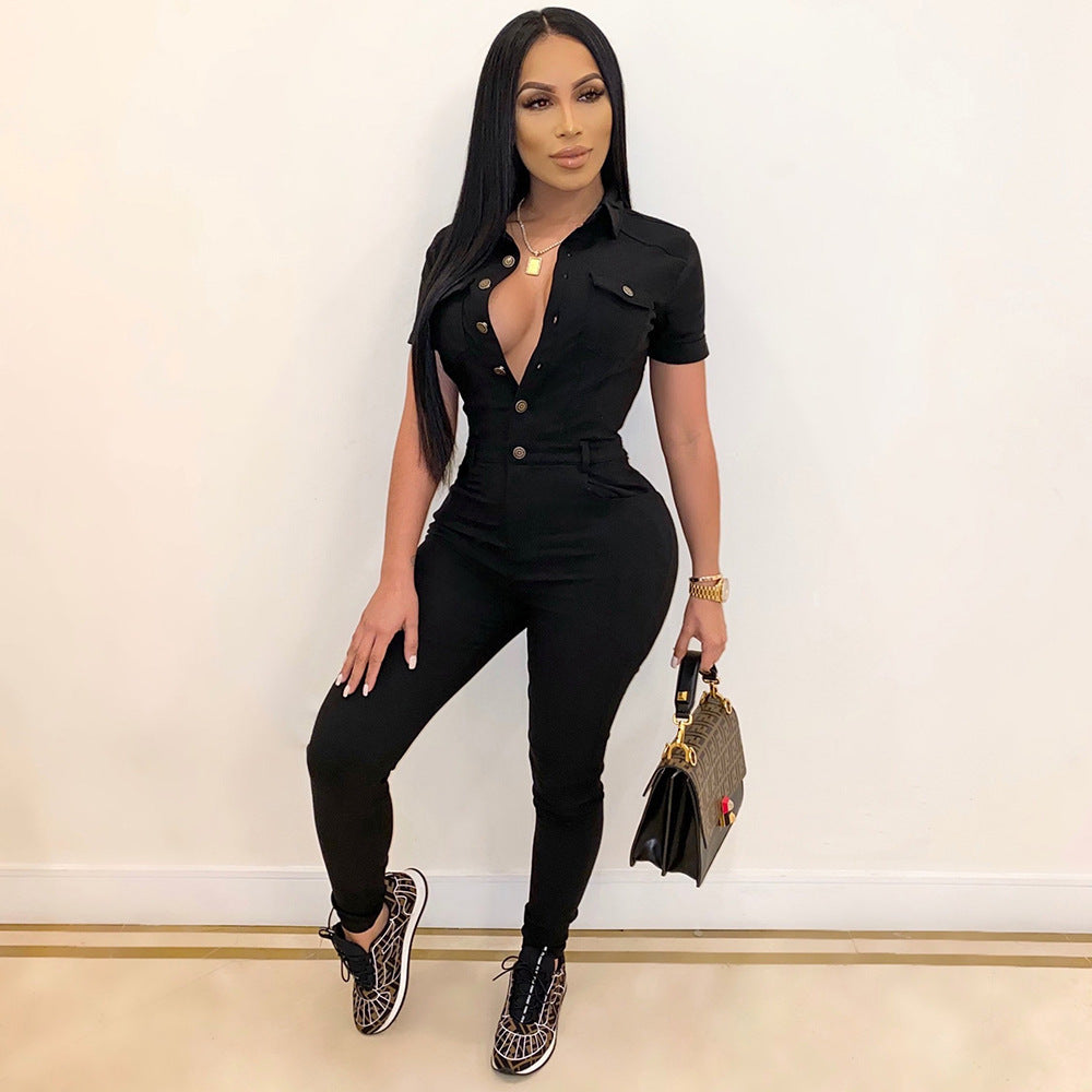 Casual Polo Collar Short-sleeved Jumpsuit