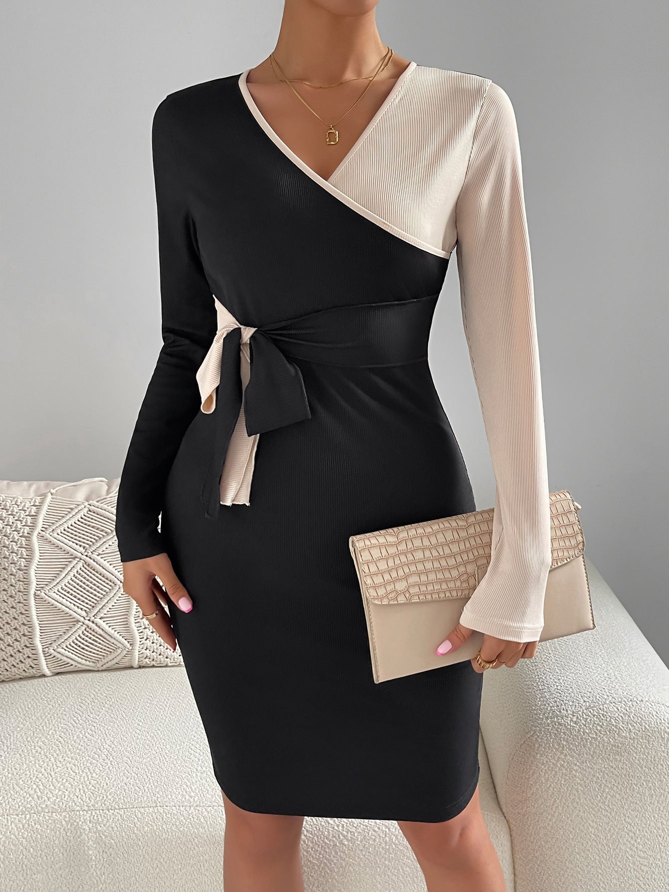 V-neck Long-sleeve Dress