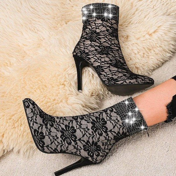 Lace mesh fine-heeled boots