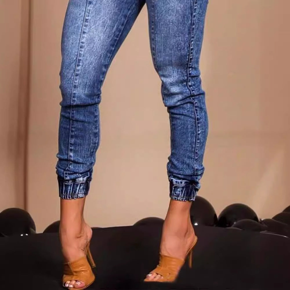 Elastic Waist Lace Up Slim Fit Jeans