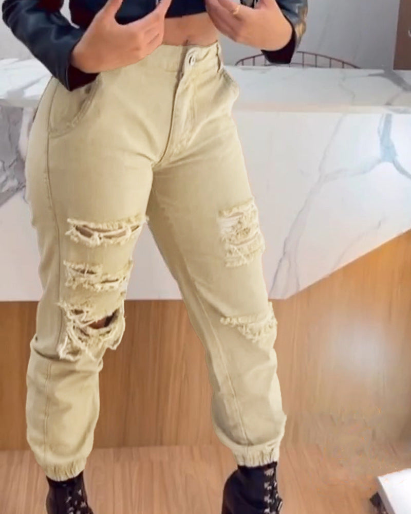 Ripped High Waist Ankle-tied Overalls
