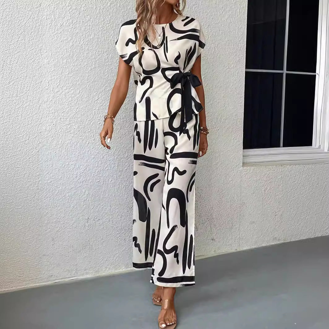 Wide-leg Pants Short Sleeve Two-piece Suit