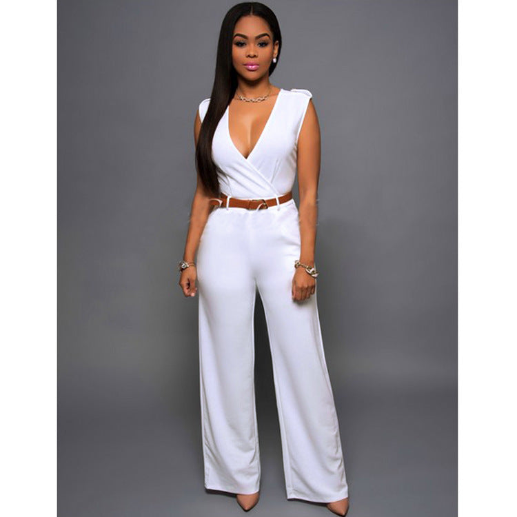V-neck Wide-leg Pants With Belt
