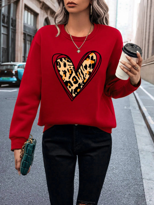 Solid Color Heart Leopard Sweater