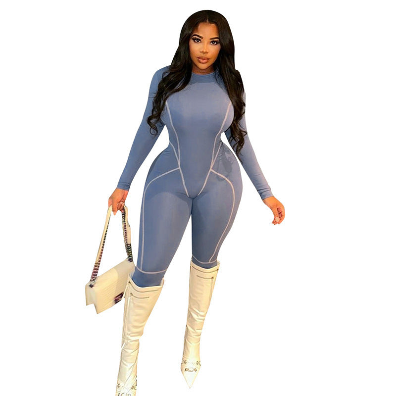 Long Sleeve Reverse Car Side Line Slim One-piece