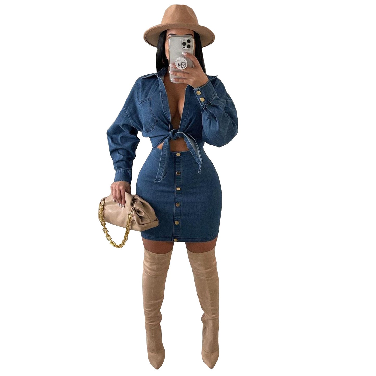 Denim Collar Dress Suit