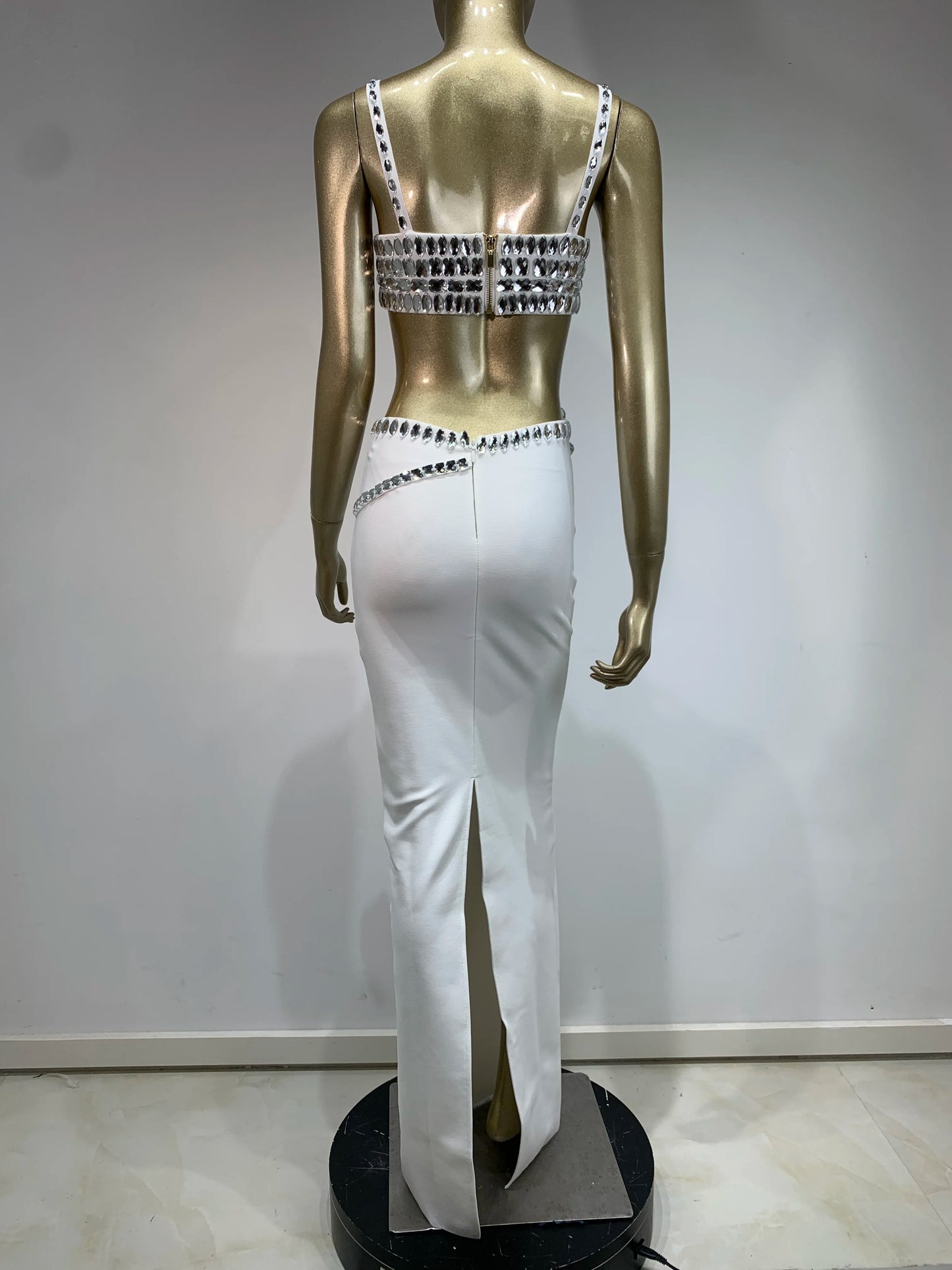 White Color Shinning Crystal Long Dress