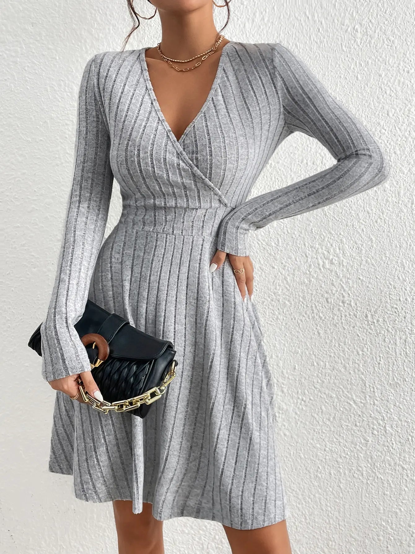 V-Neck Long Sleeve Sweater Dress