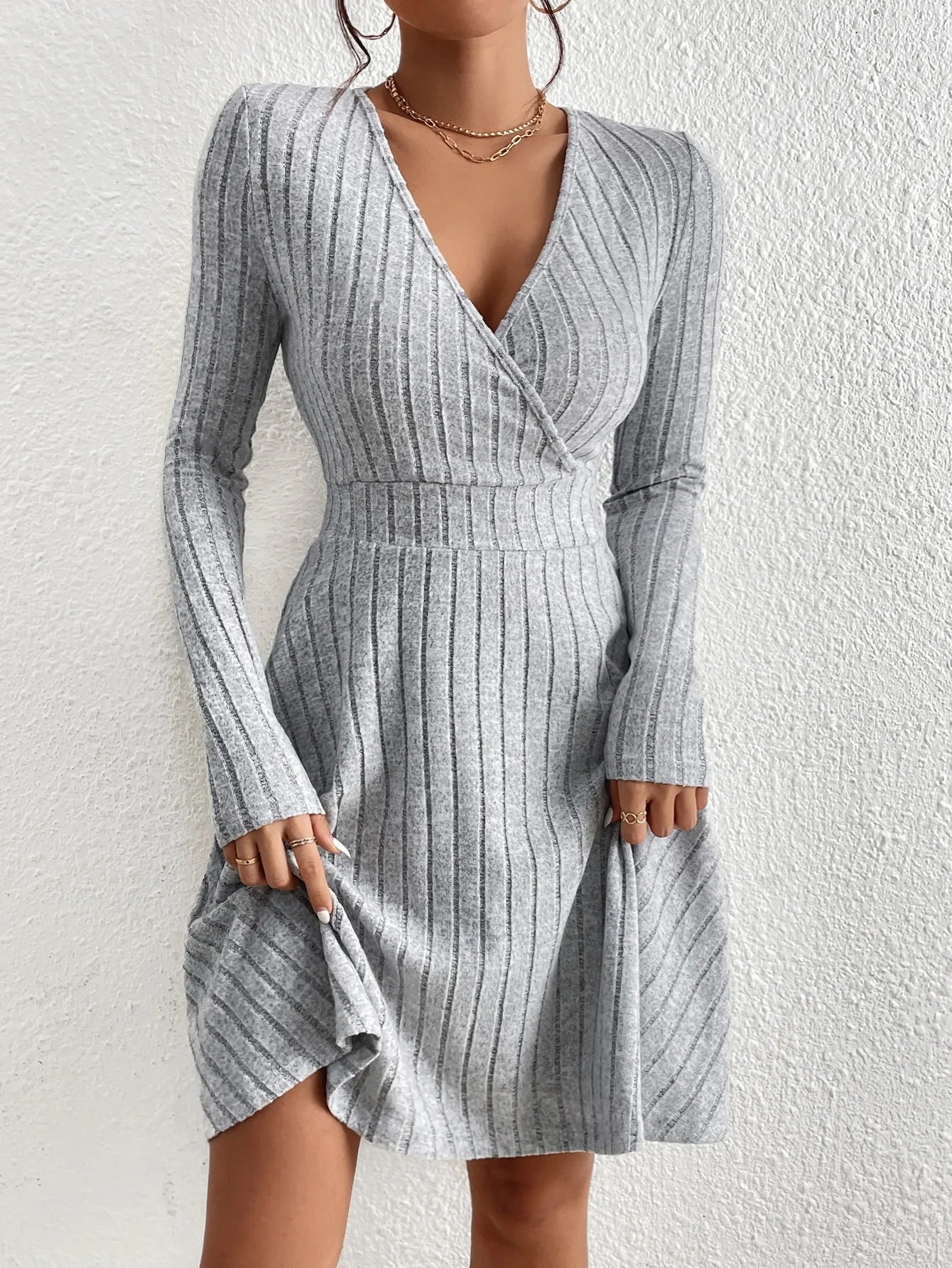 V-Neck Long Sleeve Sweater Dress