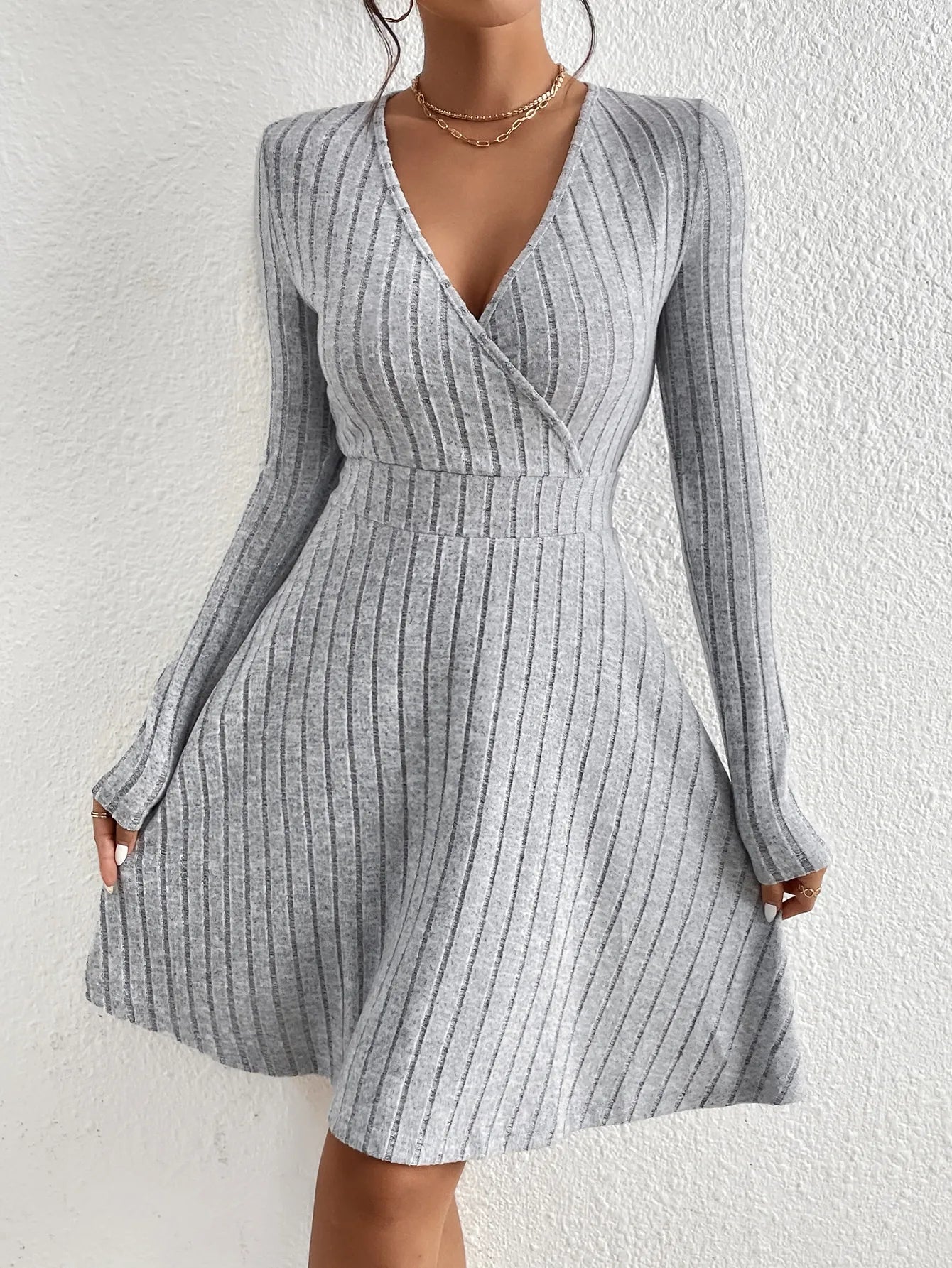 V-Neck Long Sleeve Sweater Dress