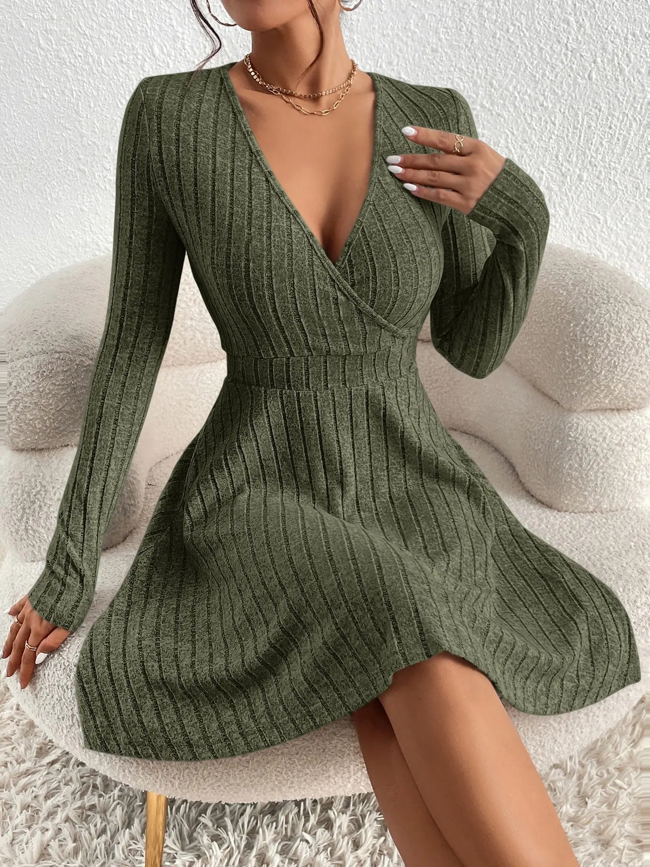 V-Neck Long Sleeve Sweater Dress