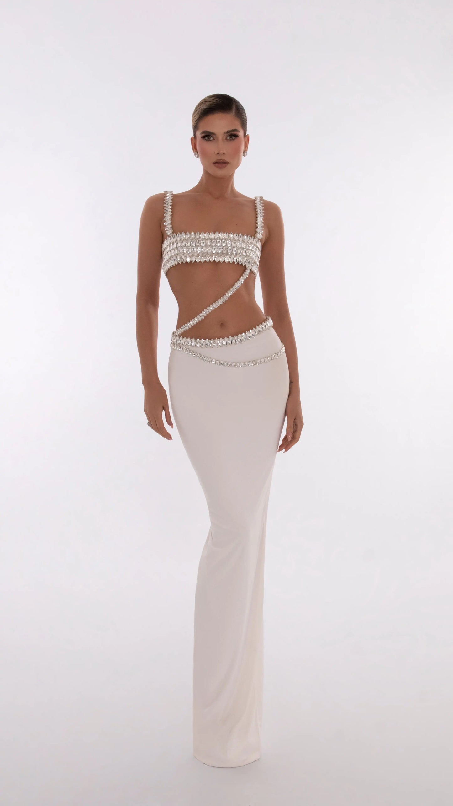 White Color Shinning Crystal Long Dress