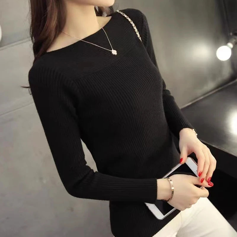 Ribbed Slash Neck Slim Sweater