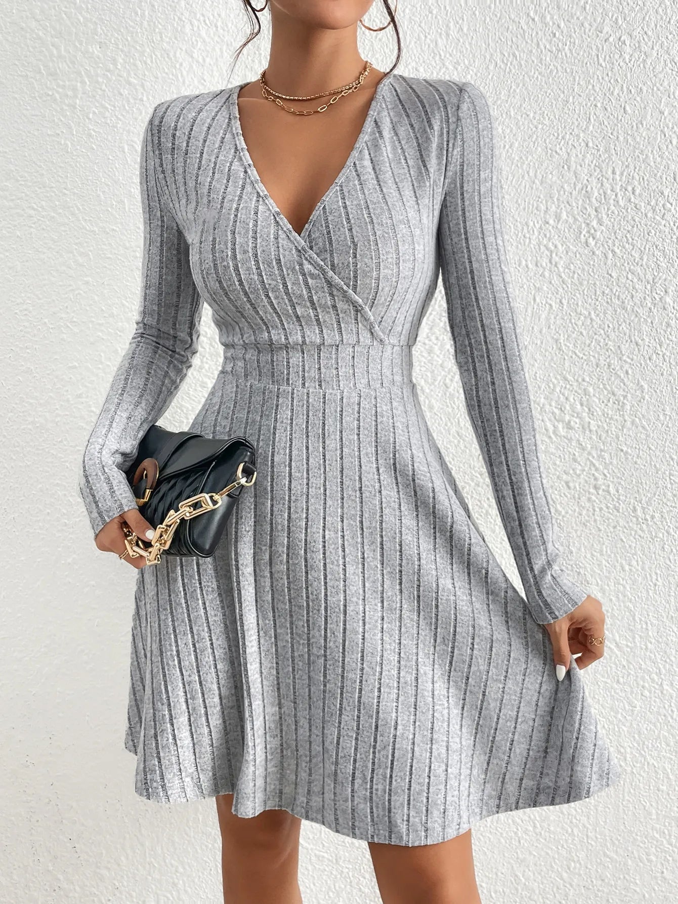 V-Neck Long Sleeve Sweater Dress