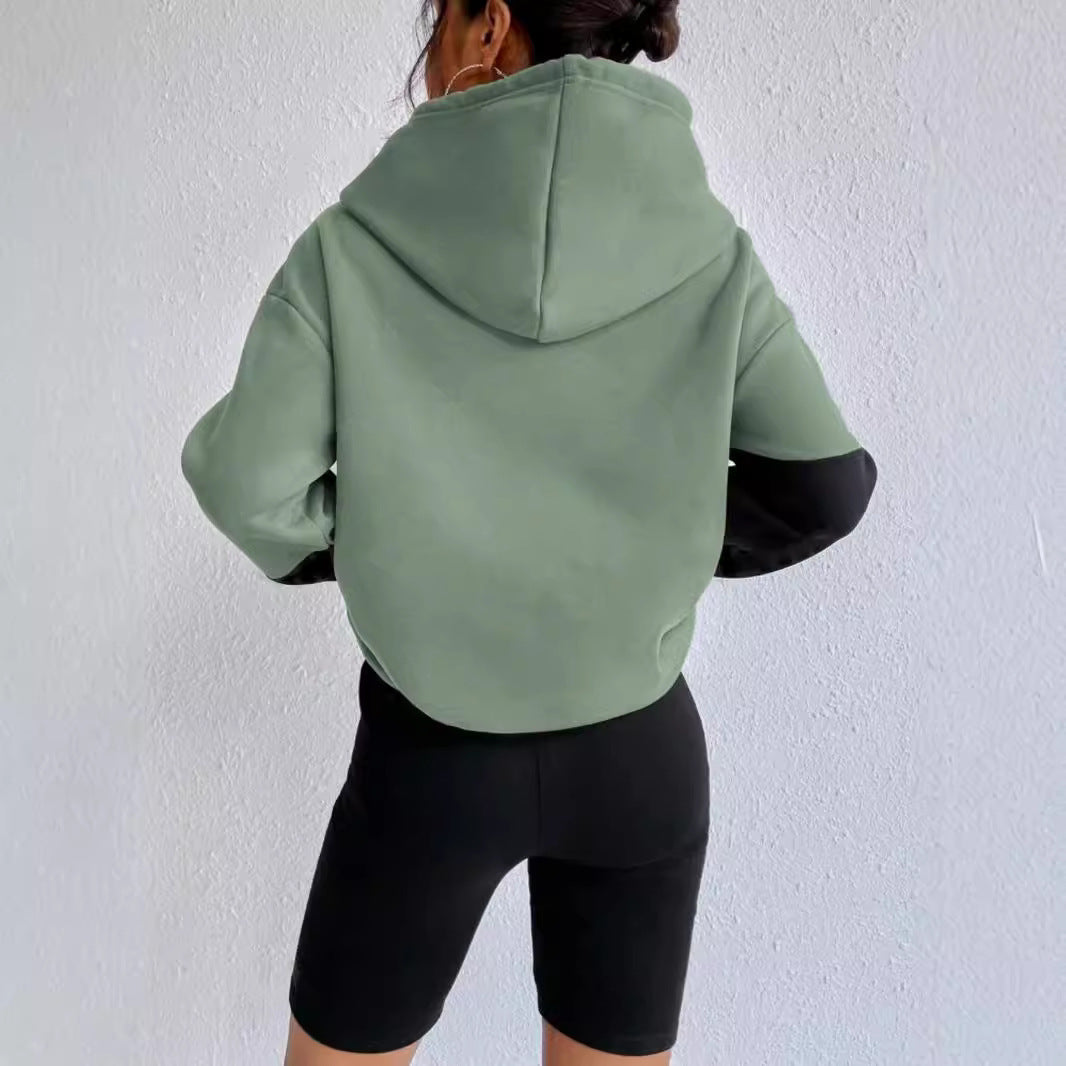 Patchwork Drawstring Loose Hooded Sweater