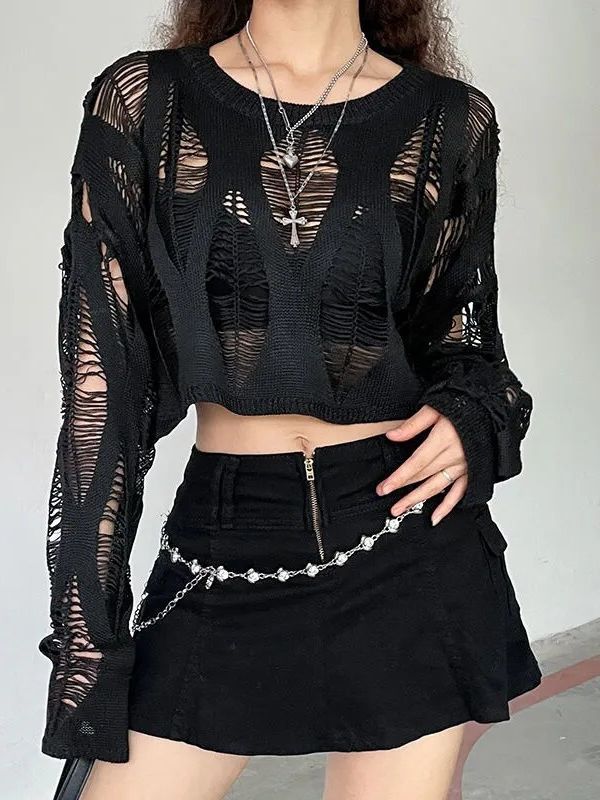 See-through Ripped Pullover Sweater