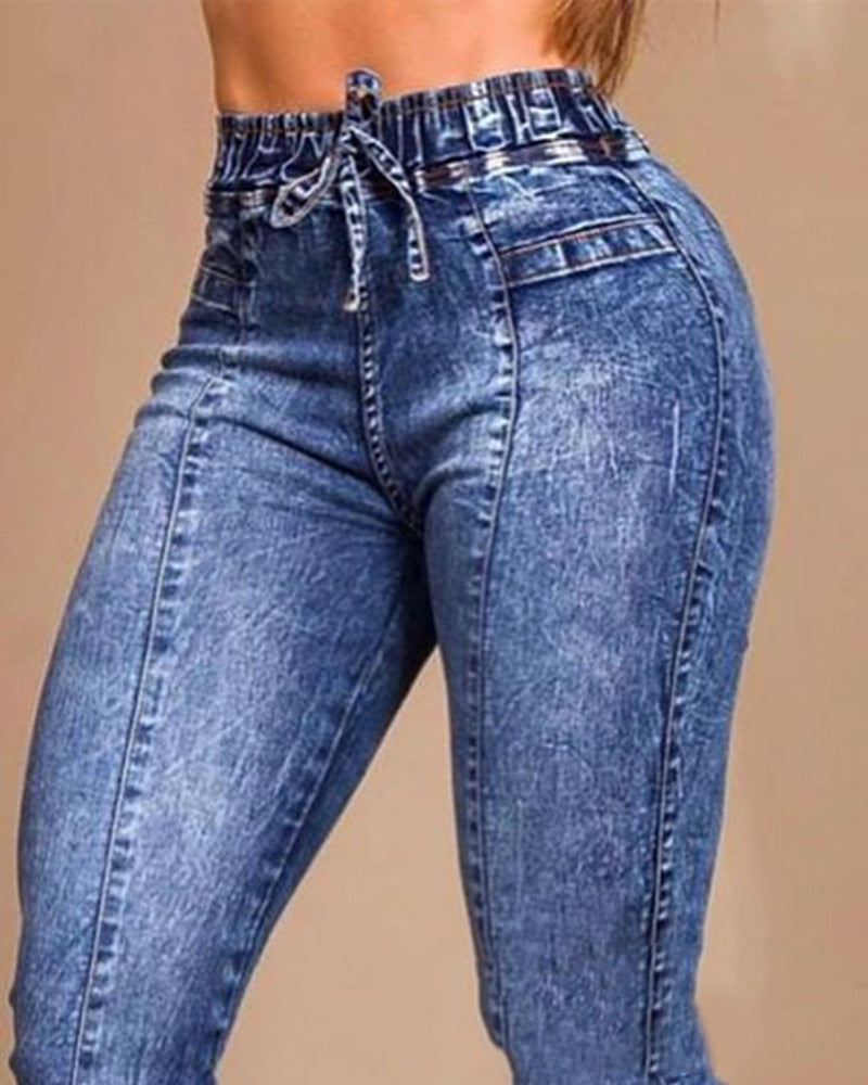 Elastic Waist Lace Up Slim Fit Jeans
