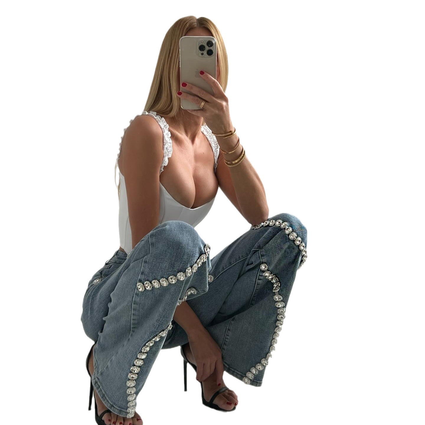 Loose Straight-cut Rhinestone Jeans