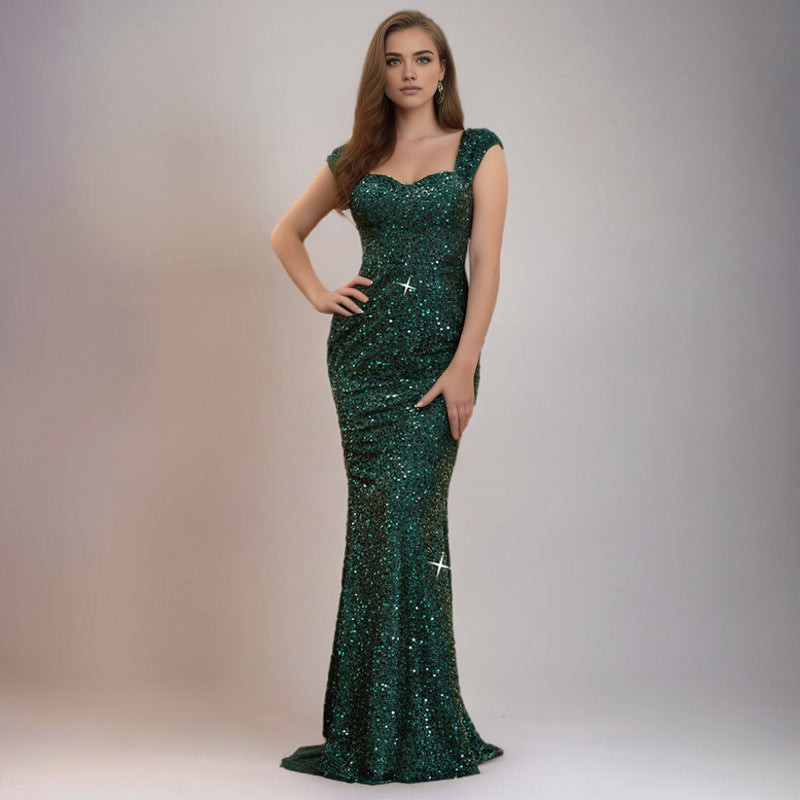 V-neck Sequin Sling High Waist Evening Dress