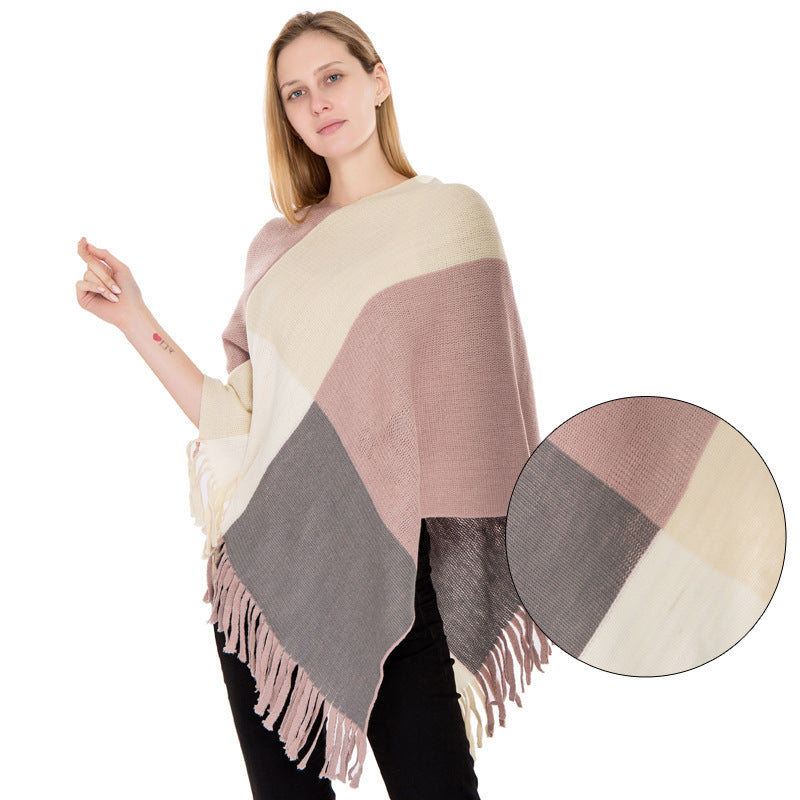 Large Plaid Color Matching Knitted Warm Shawl