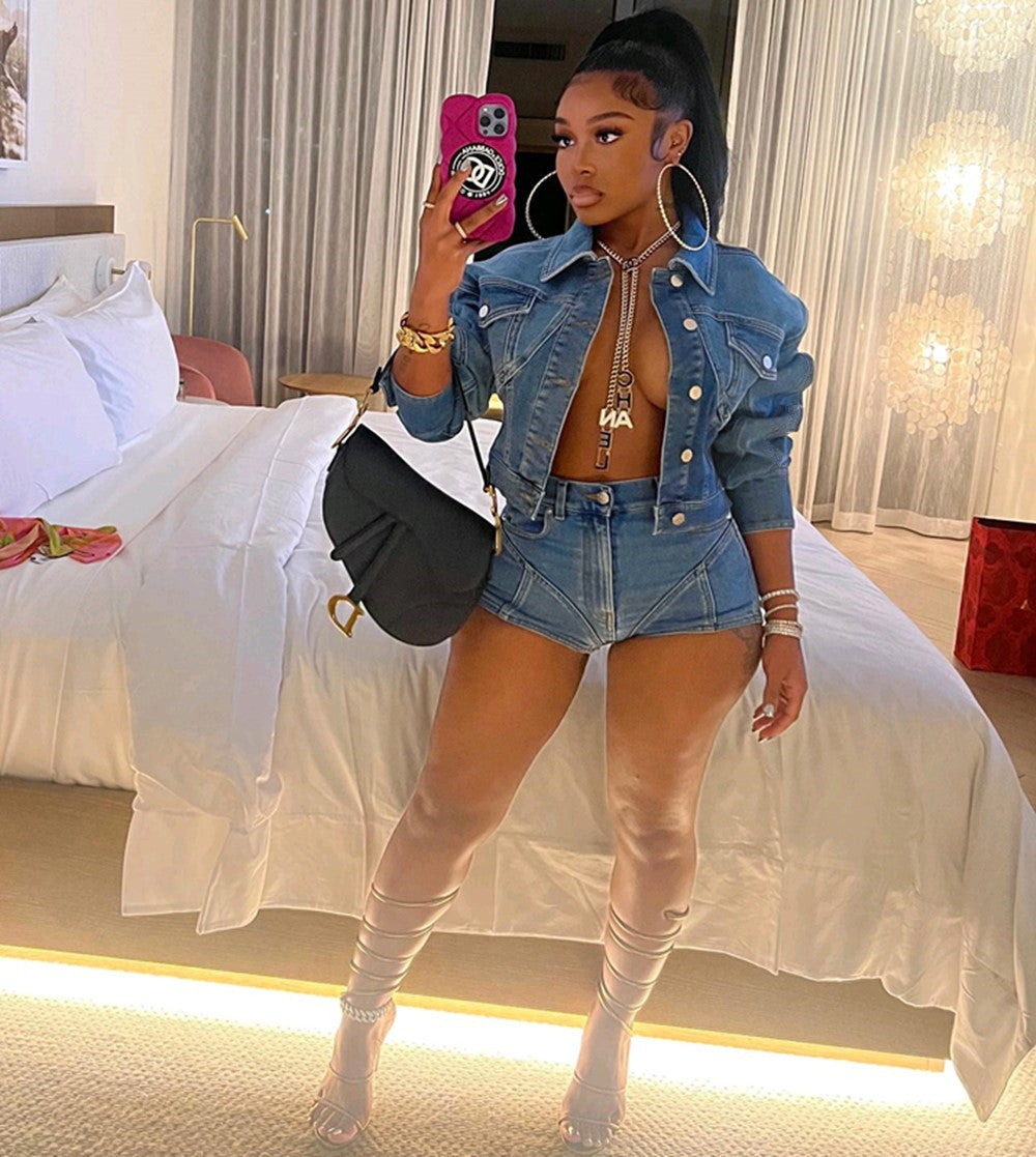 Denim Casual Shorts Set