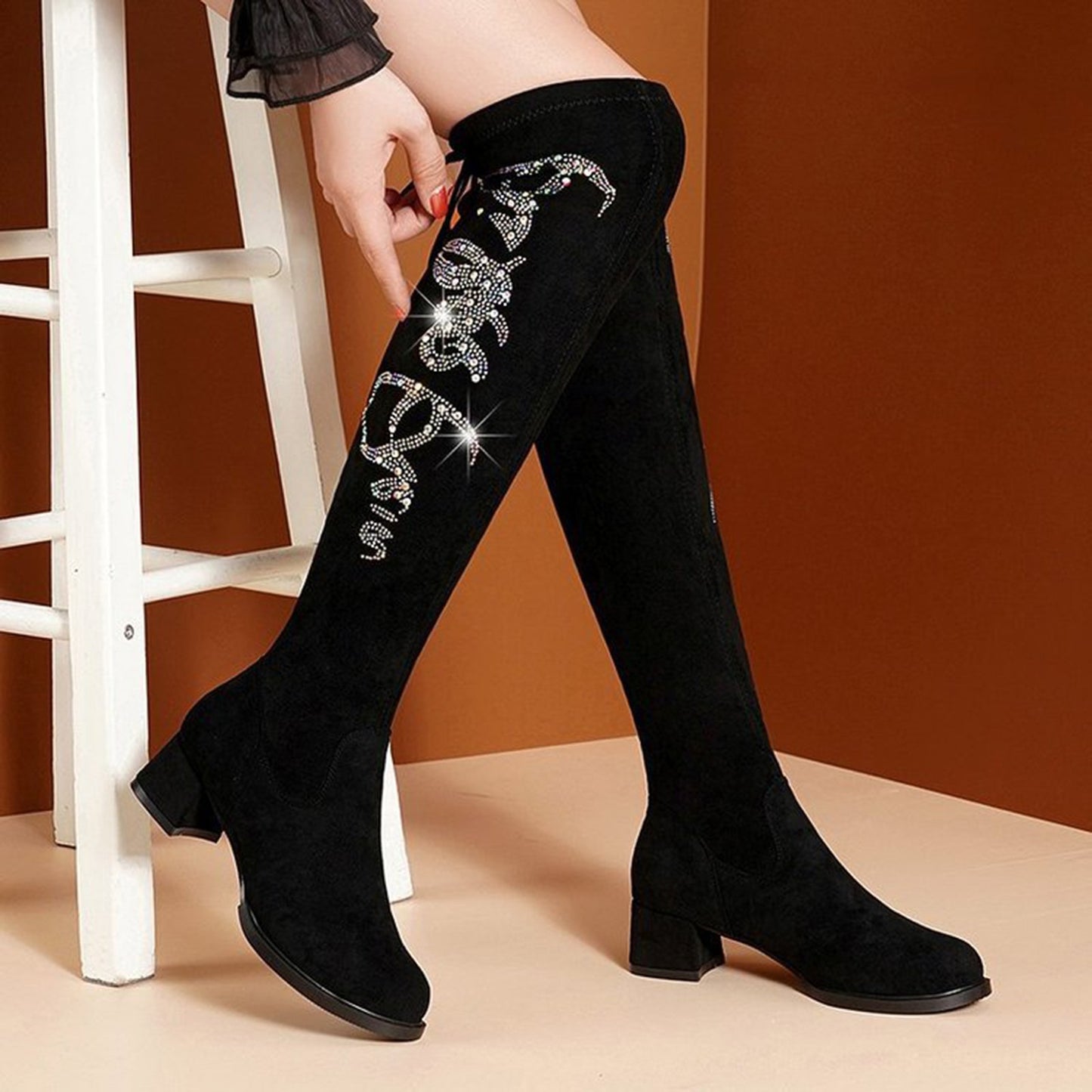 Rhinestone High Heel Boots