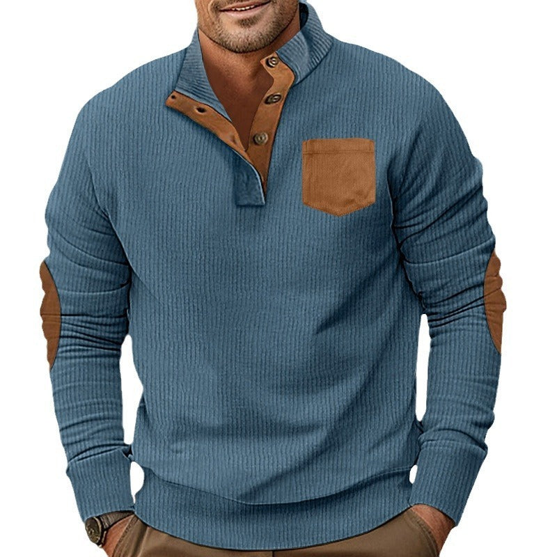 Patch Pocket Stand Collar Long Sleeve Corduroy Multicolor