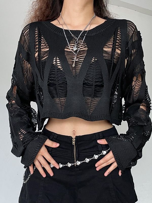 See-through Ripped Pullover Sweater
