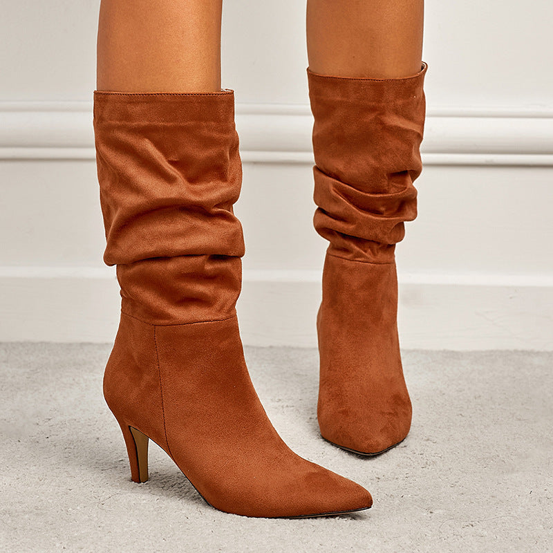 Wrinkled Suede Stiletto Heel Boots