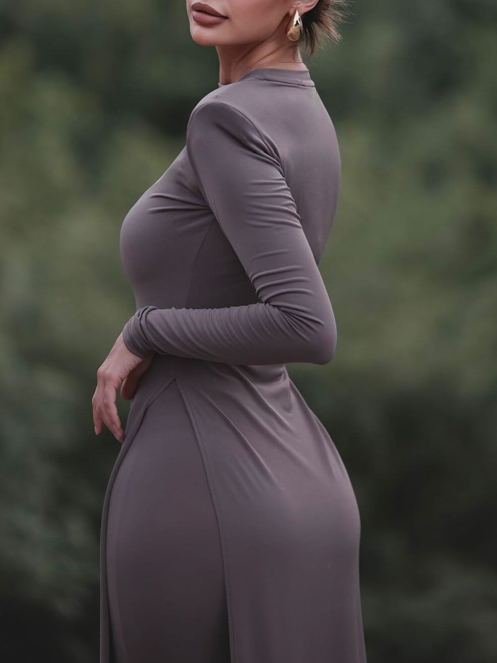 Slit Long Top & Tight Flared Pants Set