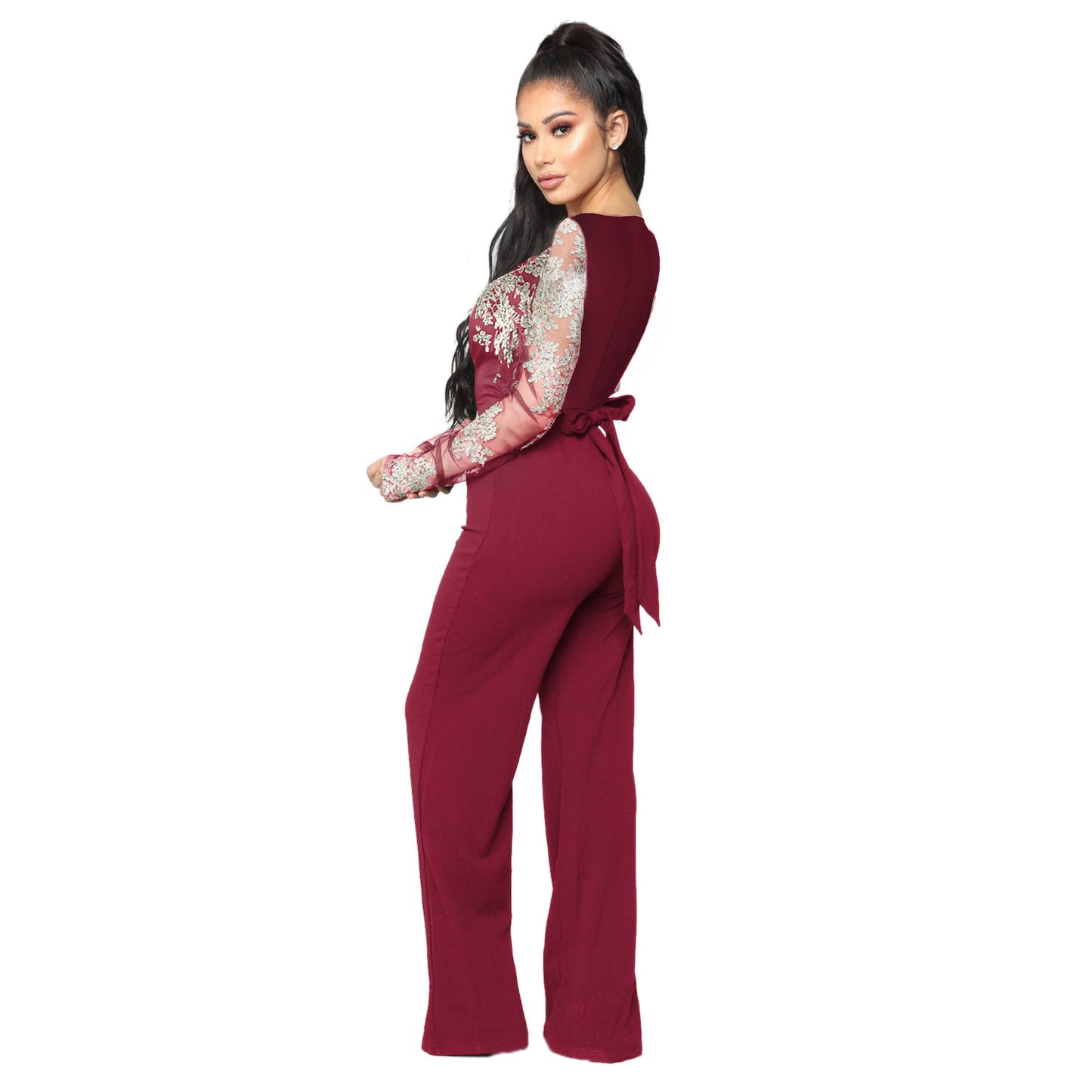 Lace V-neck Long-sleeved Wide-leg Jumpsuit