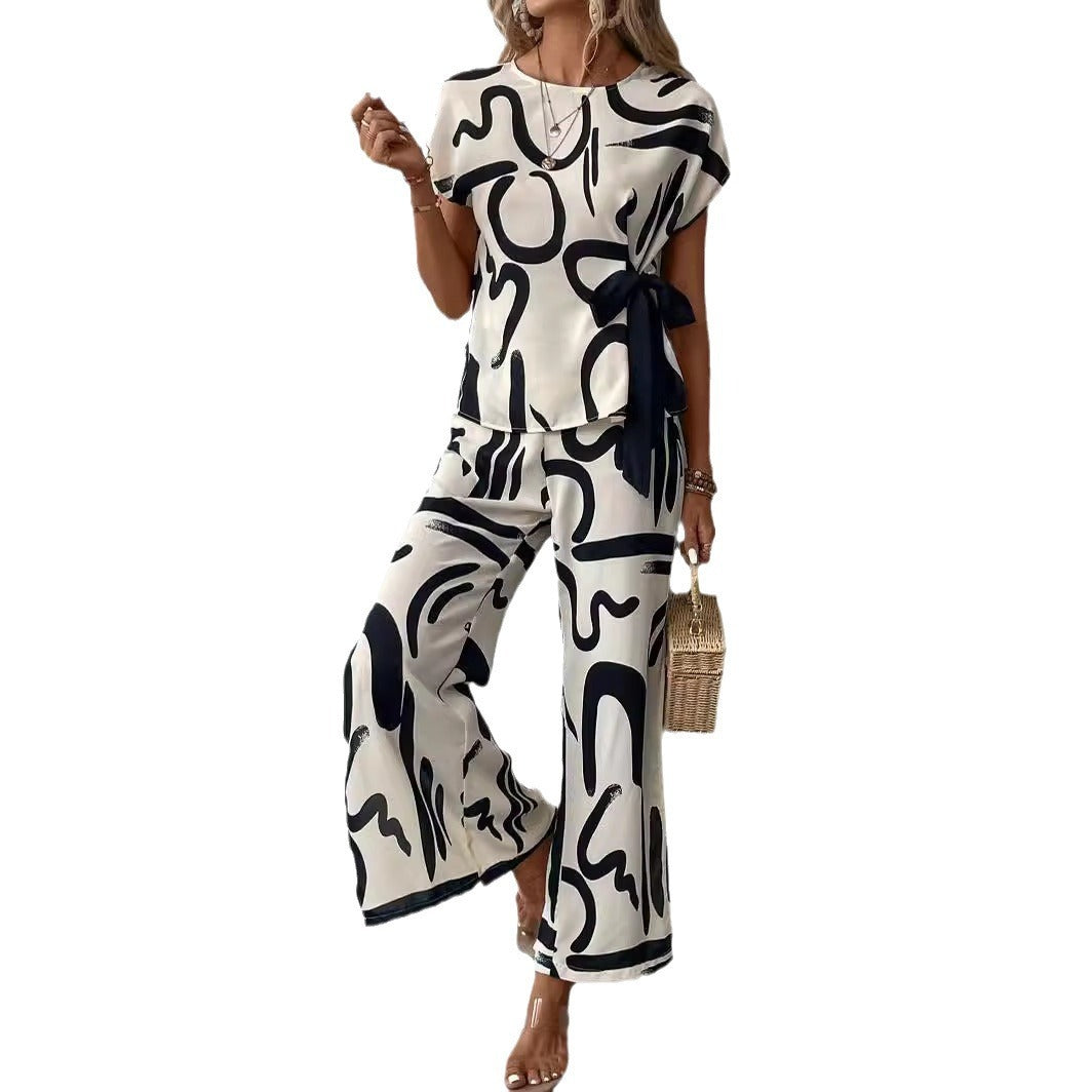 Wide-leg Pants Short Sleeve Two-piece Suit