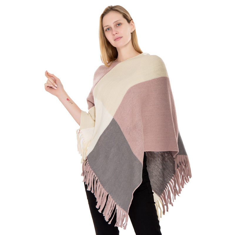 Large Plaid Color Matching Knitted Warm Shawl