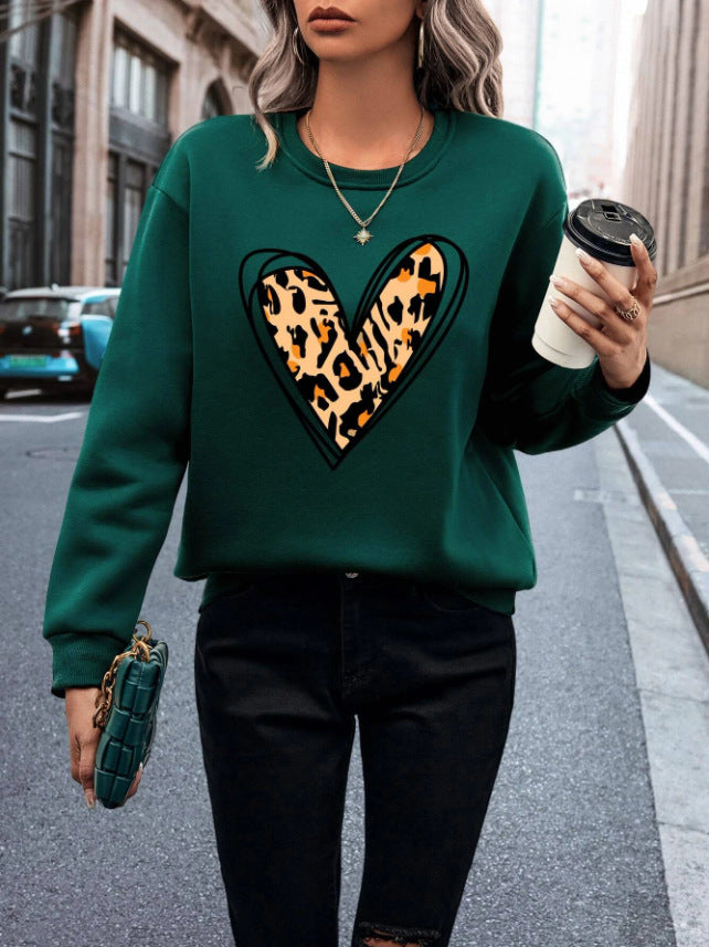 Solid Color Heart Leopard Sweater
