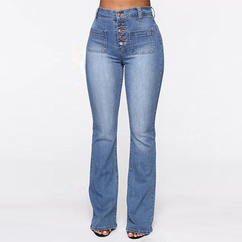 Plus Size Patch Pocket Washed High Waist Denim Jeans