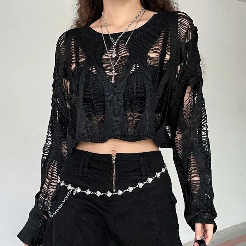 See-through Ripped Pullover Sweater
