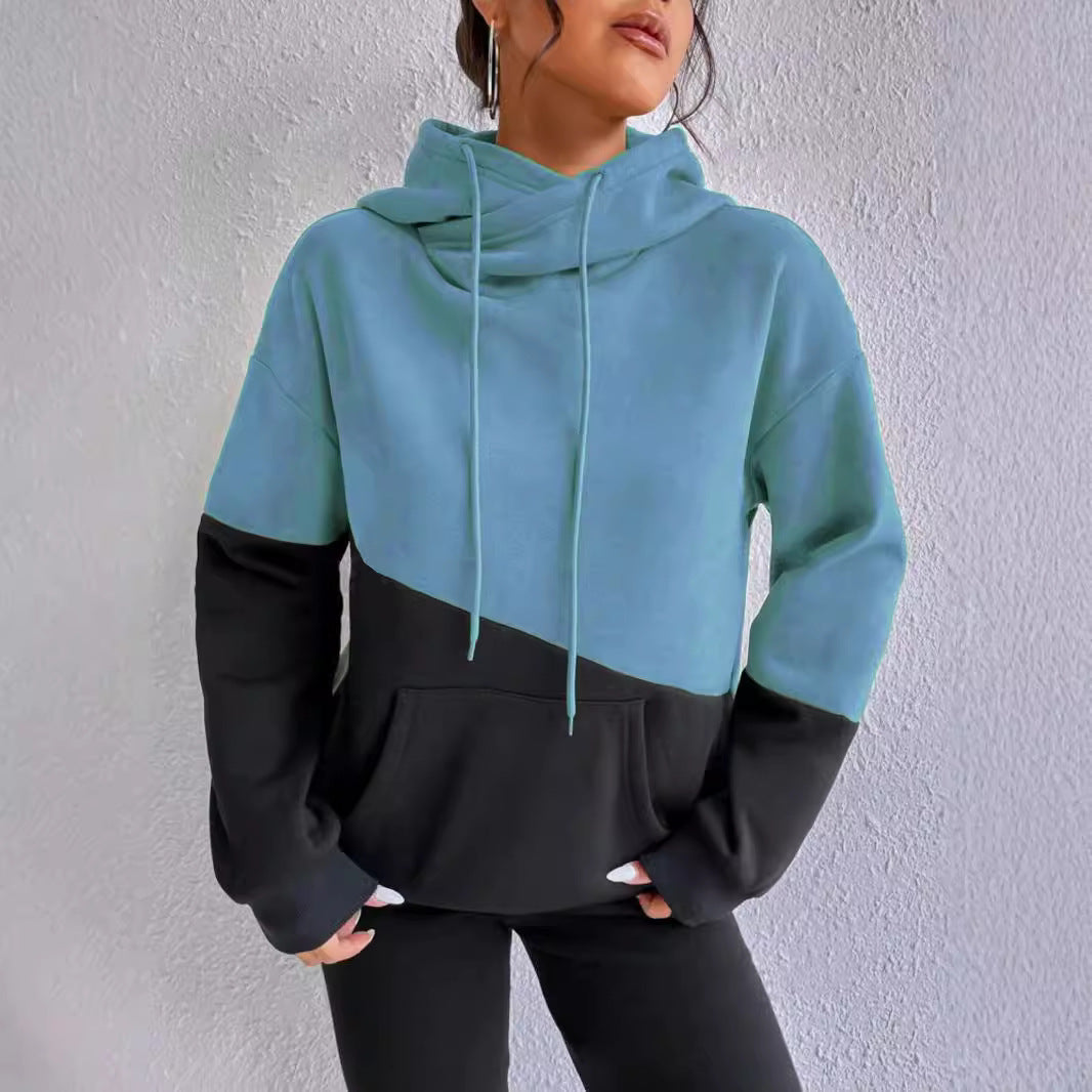 Patchwork Drawstring Loose Hooded Sweater