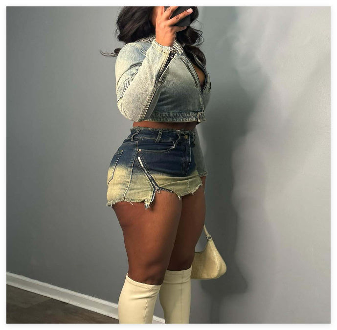Vintage Zipper Elastic Denim Skirt