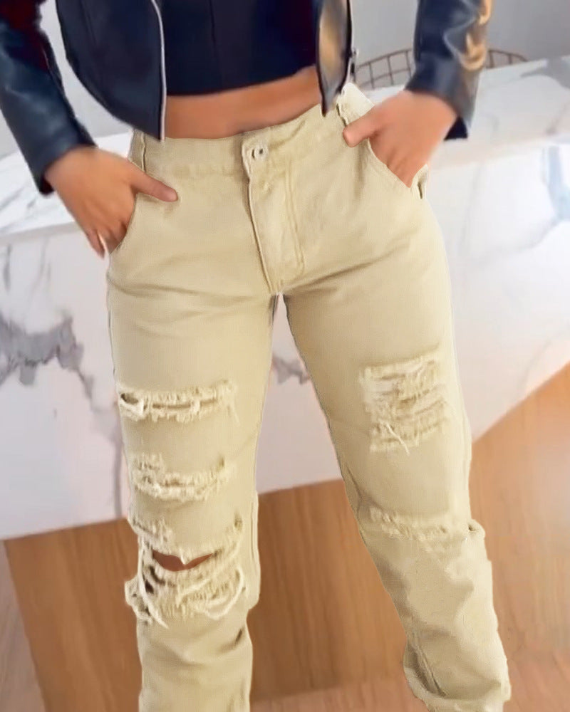 Ripped High Waist Ankle-tied Overalls