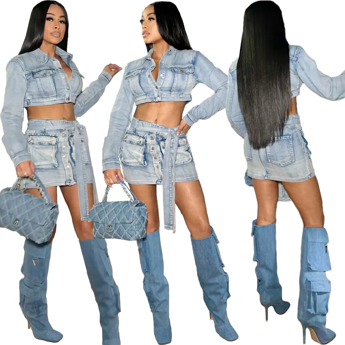 Multi-pocket Denim Coat Set