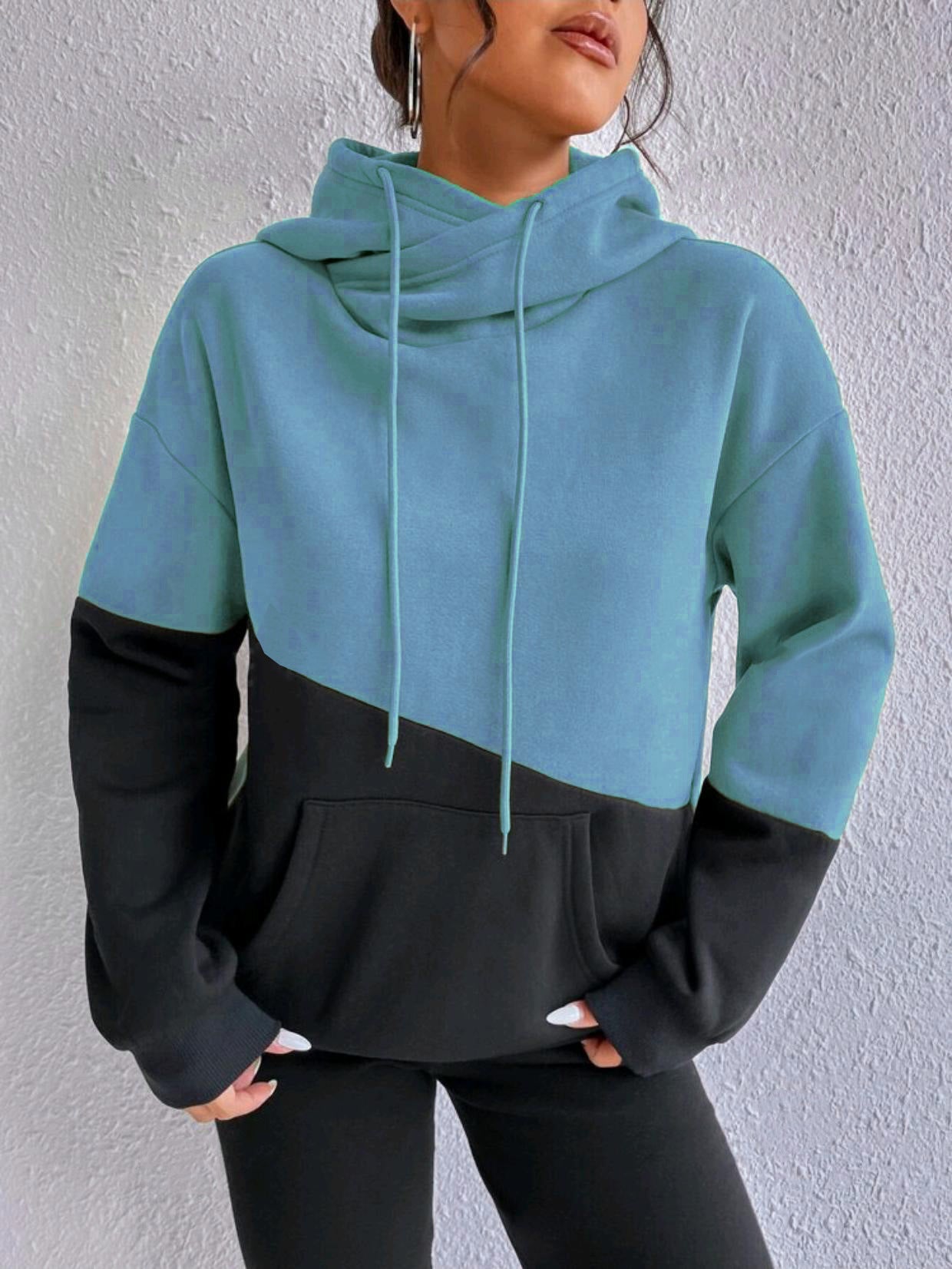 Patchwork Drawstring Loose Hooded Sweater