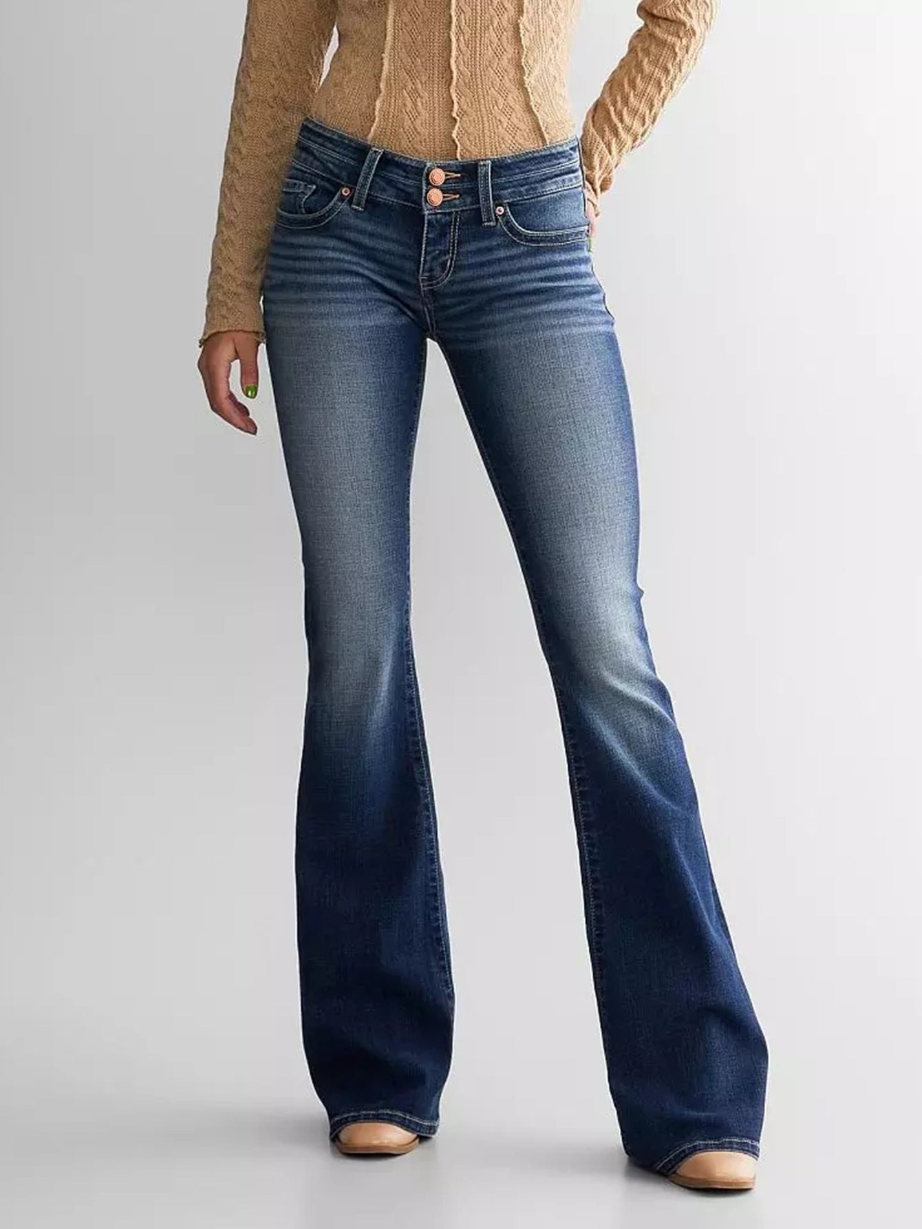 Mid Waist Slim Fit Stretch Flared Jeans