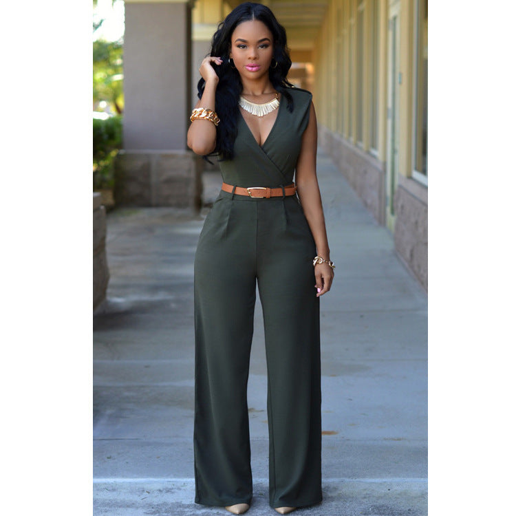 V-neck Wide-leg Pants With Belt