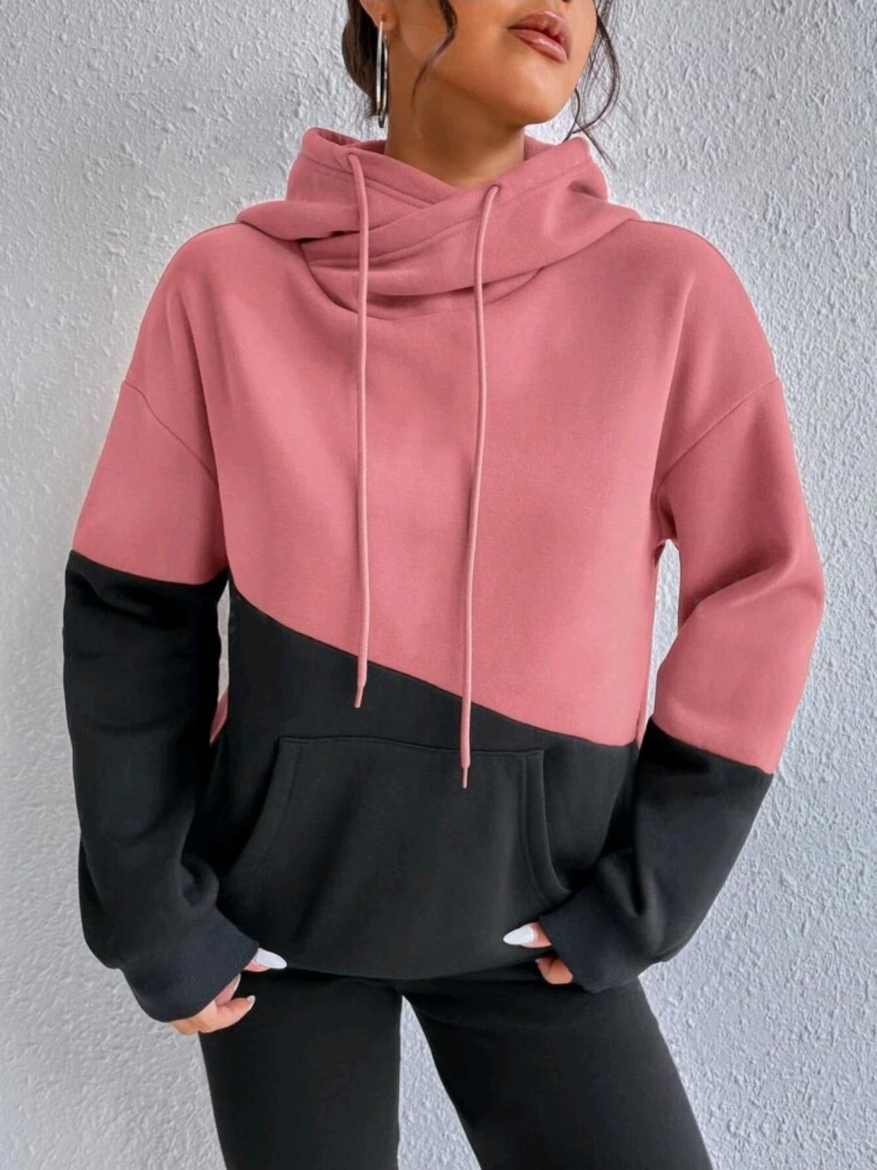 Patchwork Drawstring Loose Hooded Sweater
