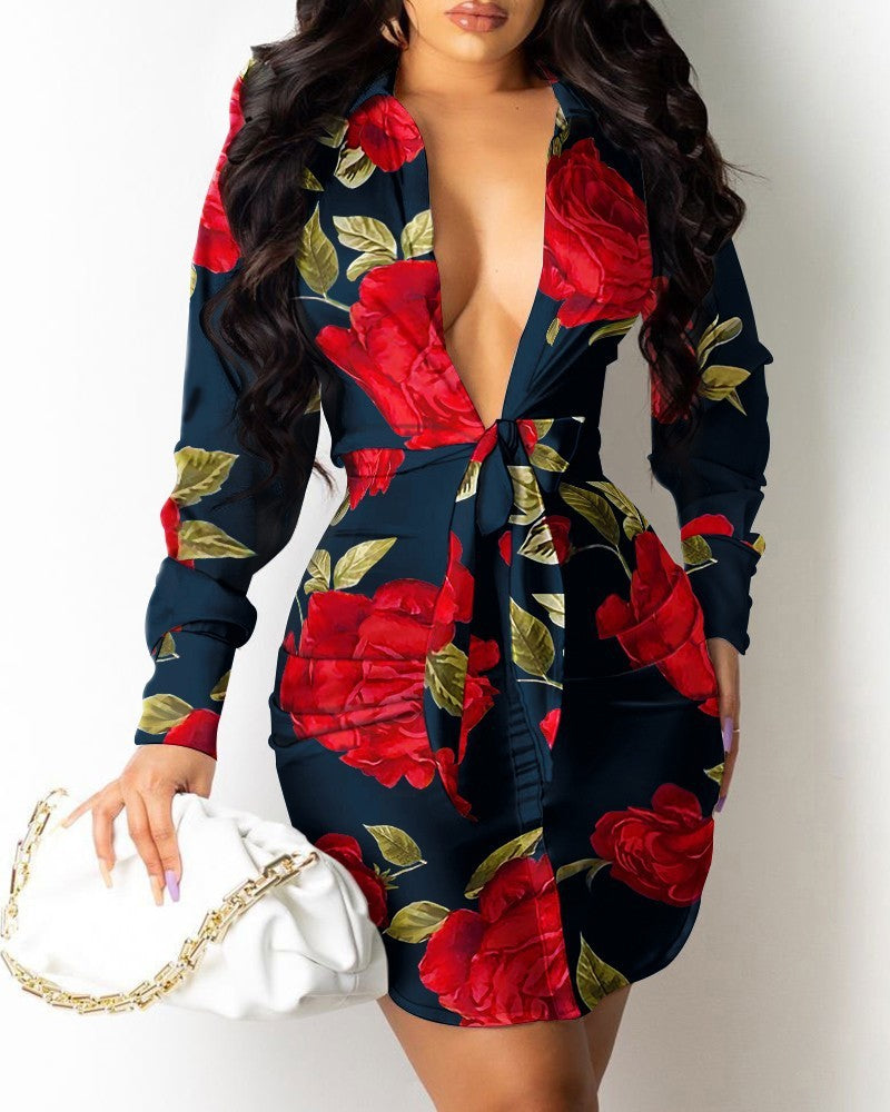 V-neck Lace Up Shirt Dress