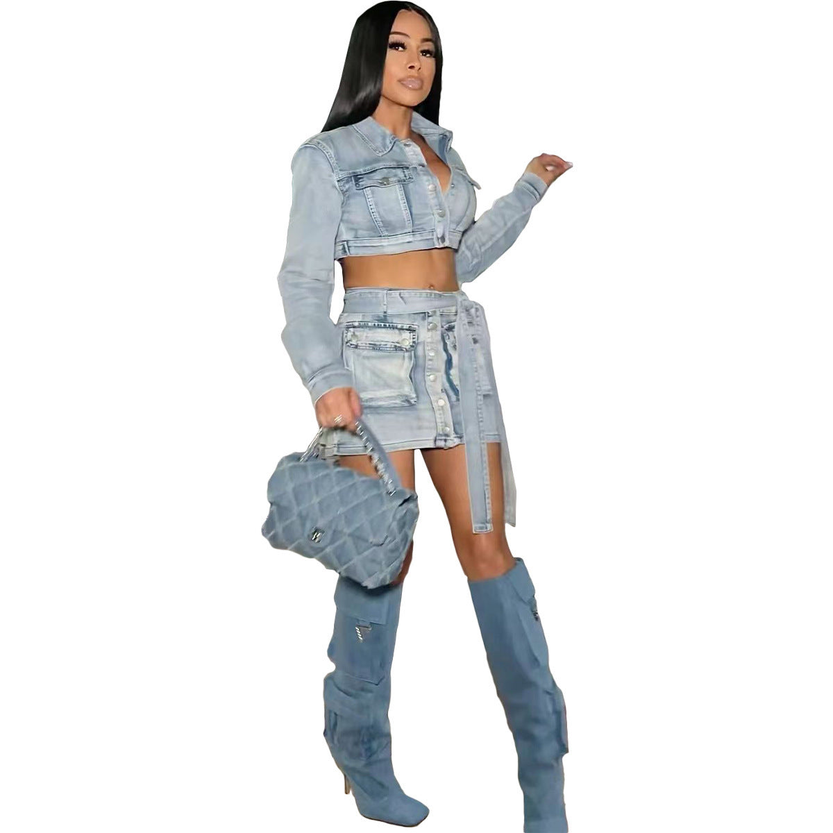 Multi-pocket Denim Coat Set
